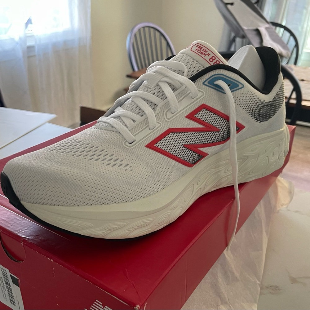 New Balance White and Red Athletic Sneakers
